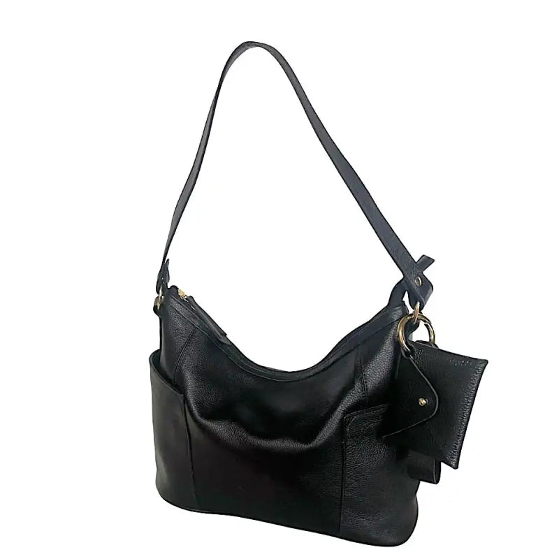 Bolsa hobo em couro legítimo floater preta com bag charm carteira de pulso