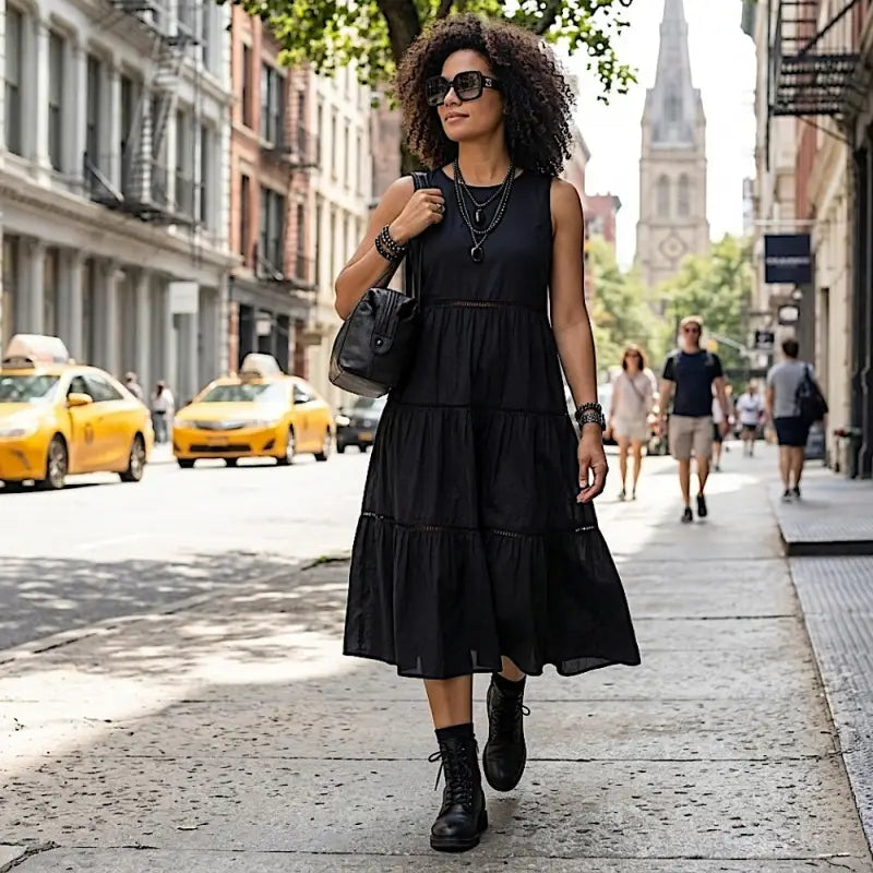 Mulher usando vestido preto com bolsa tote em couro legitimo
