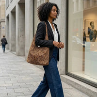 Look de Jeans e Blaser com a Bolsa Hobo Animal Print Onça em Couro Legitimo