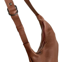 Bolsa hobo minimalista em couro legítimo caramelo | metais ônix e alça ajustável
