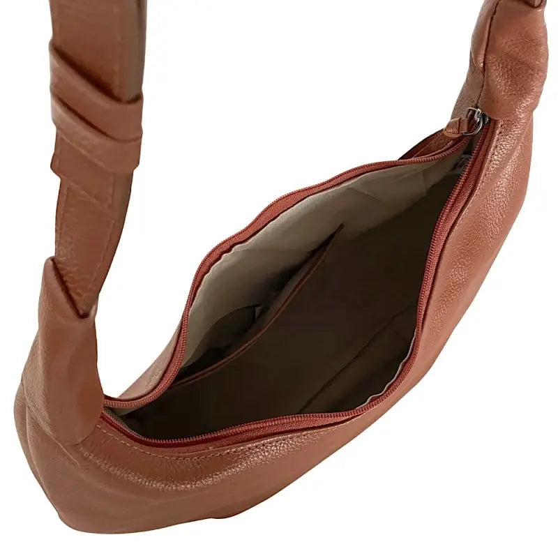 Bolsa hobo minimalista em couro legítimo caramelo | metais ônix e alça ajustável