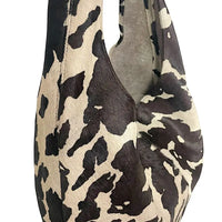 Bolsa hobo em couro legítimo animal print vaca preta e off-white