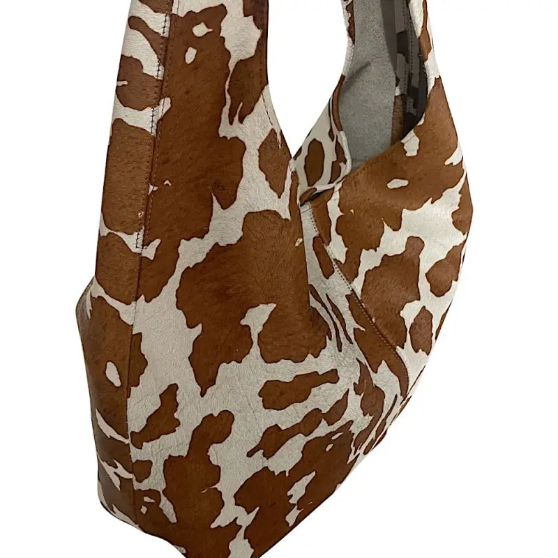 Bolsa hobo em couro legítimo animal print vaca | caramelo e off-white