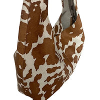 Bolsa hobo em couro legítimo animal print vaca | caramelo e off-white