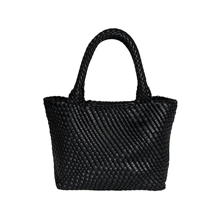 Bolsa shopper feminina preta em tressê com alças roliças e acabamento em níquel.