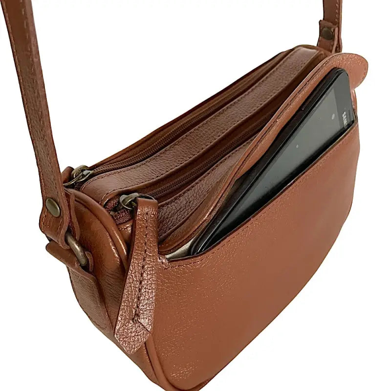 Bolsa transversal em couro legítimo floater caramelo | dupla divisão, bolso externo que cabe celular