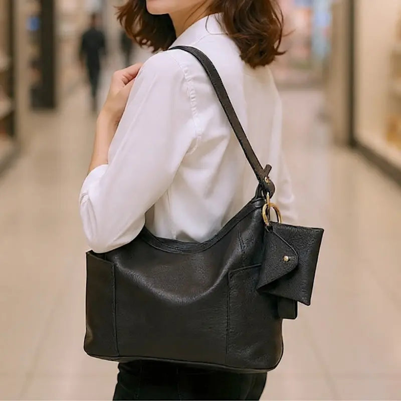 Bolsa hobo em couro legítimo floater preta | alça dupla e bolsos celular