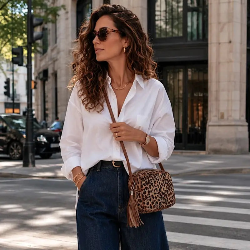 Mulher usando a bolsa transversal de onça ajustada na altura do quadril, destacando o caimento.