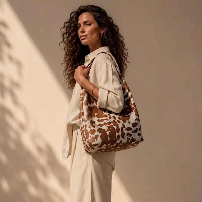 Mulher usando Bolsa hobo em couro legítimo animal print vaca caramelo e off-white