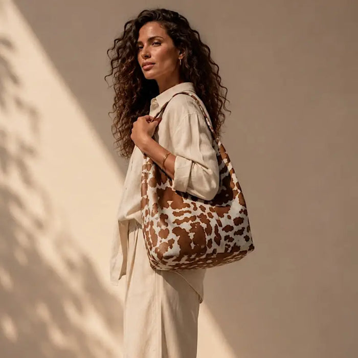 Mulher usando Bolsa hobo em couro legítimo animal print vaca caramelo e off-white