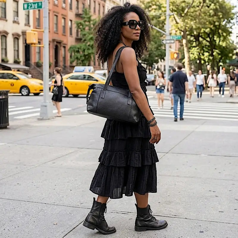 Mulher usando Bolsa tote feminina preta em couro legítimo floater com vestido preto e botas.