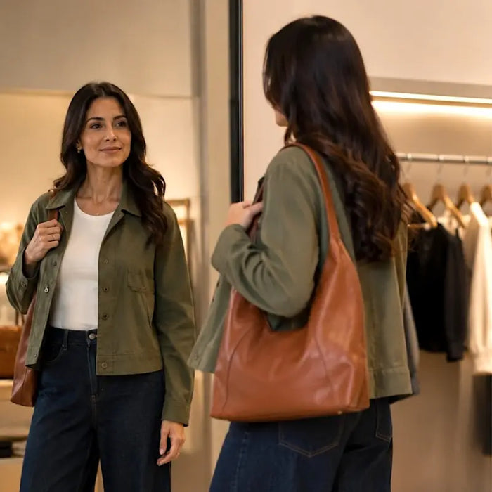 Mulher usando a bolsa hobo grande caramelo embaixo do braço, destacando o encaixe perfeito da alça estreita.