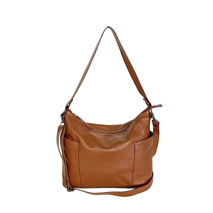 Vista frontal bolsa hobo caramelo