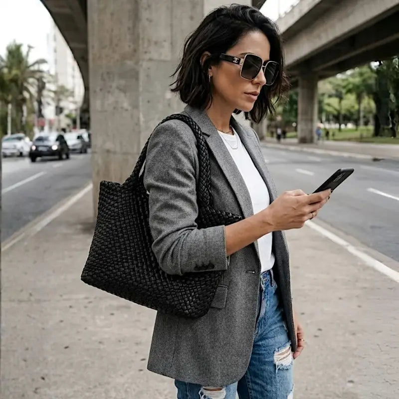Mulher usando a bolsa shopper treesê preto com jeans e blaser cinza