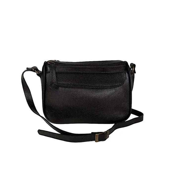 Bolsa transversal feminina preta em couro legítimo floater com detalhes em metal ouro velho.