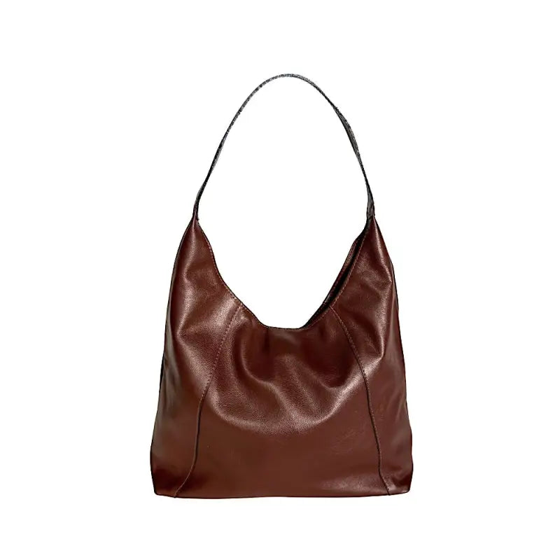 Bolsa hobo feminina marrom em couro legítimo floater exibindo os recortes geométricos com costura em diagonal.