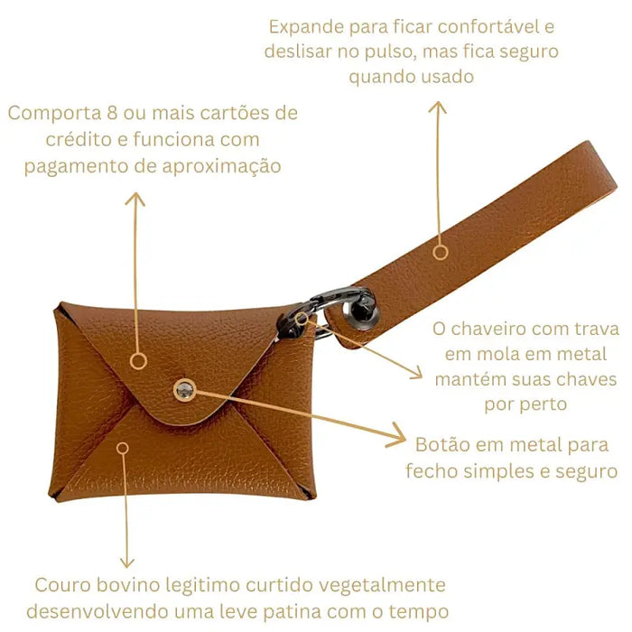 Carteira de pulso couro caramelo - ferragem onix descrição detalhada