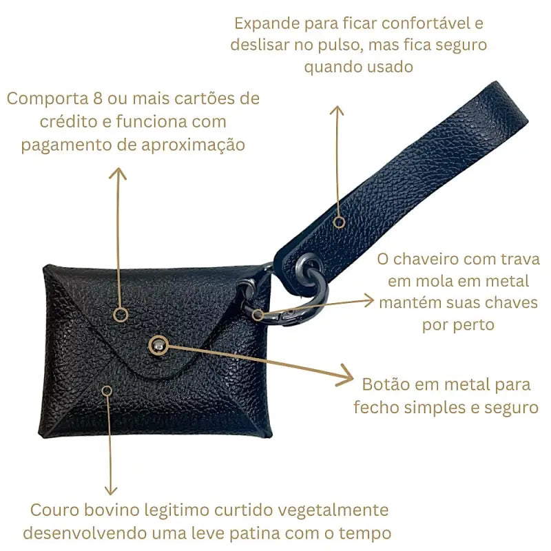 Carteira de pulso couro legitimo preto - ferragem onix, detalhes da carteira