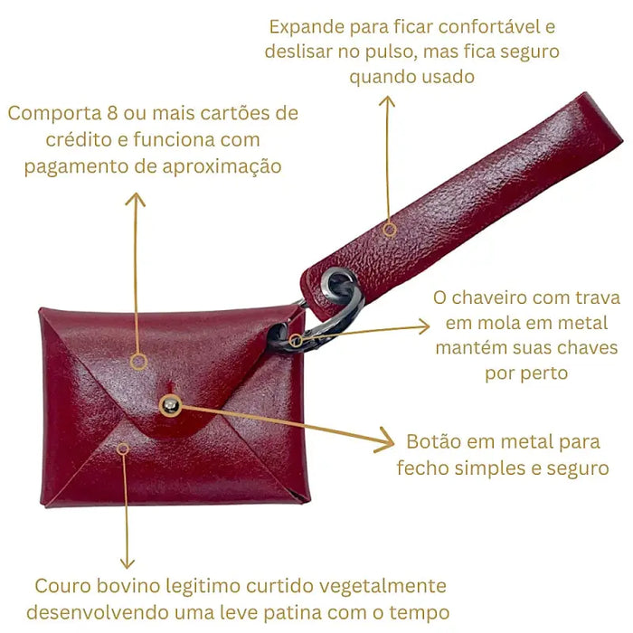 Carteira de pulso vermelha couro liso ferragem onix