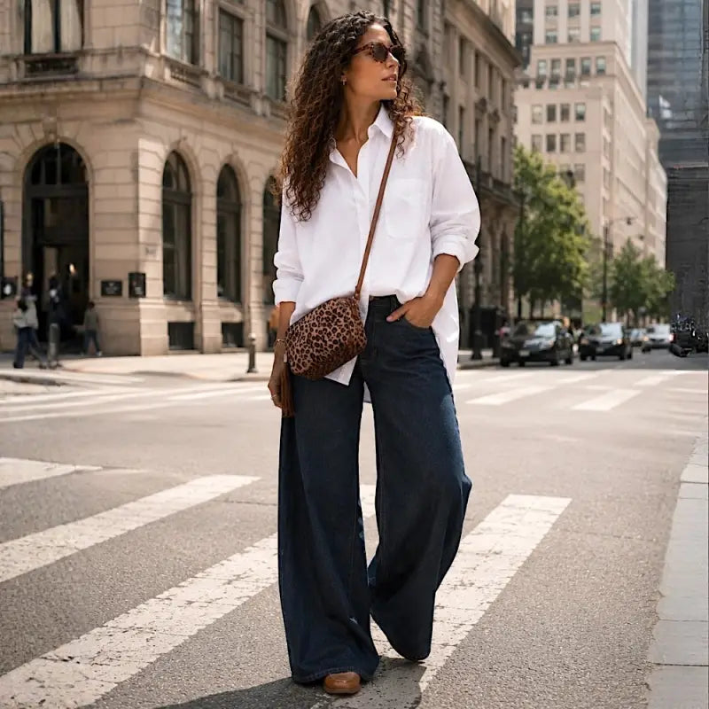 Mulher com jeans e camisão branco usando a bolsa transversal de onça ajustada na altura do quadril, destacando o caimento.