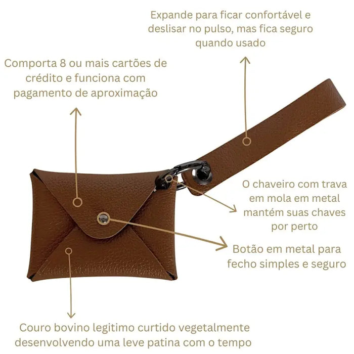 Carteira de pulso couro legitimo marrom ferragem onix