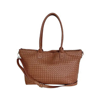 Bolsa shopper feminina caramelo com textura tressê em couro vegano de alta qualidade.
