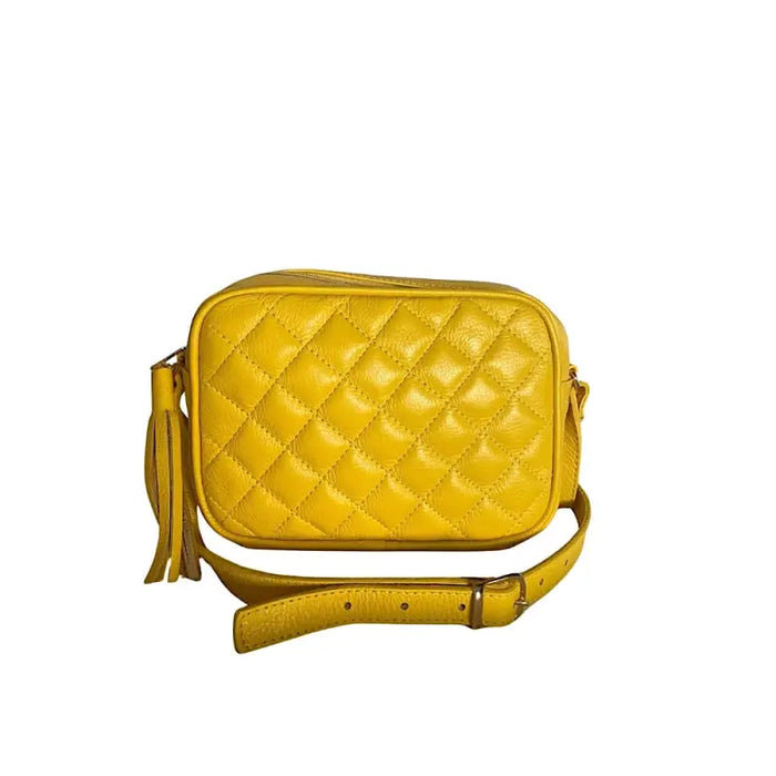 Frente da Bolsa Tiracolo Feminina Couro Legitimo Matelassê Amarelo