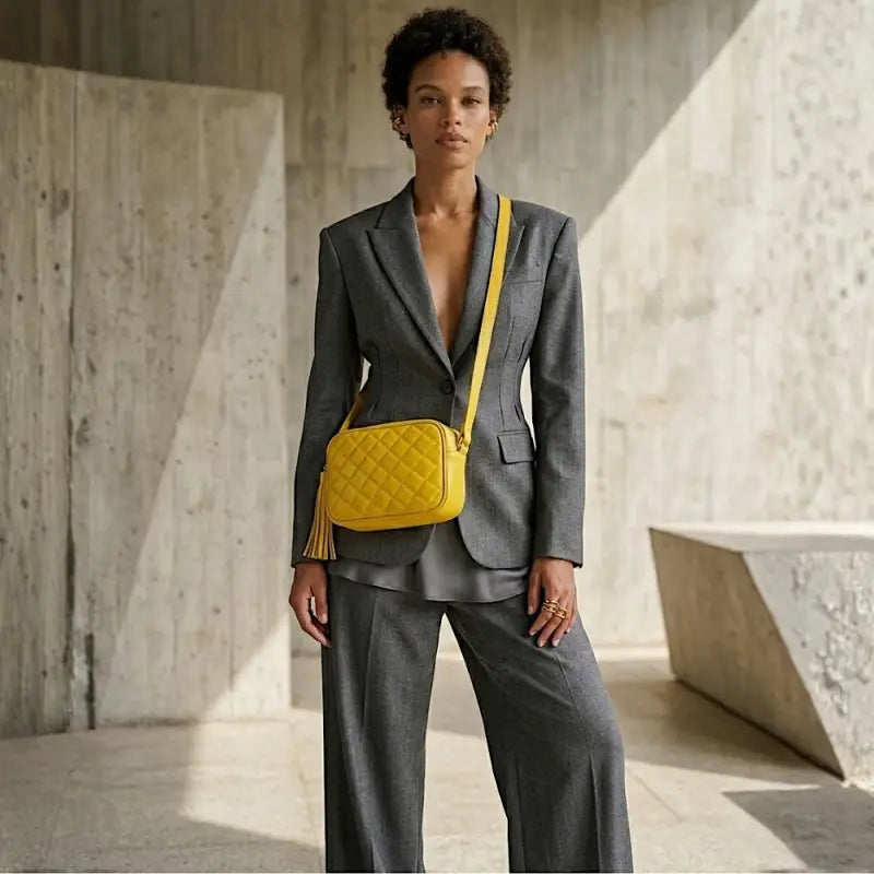Look Feminino com Bolsa Tiracolo Amarelo Solar no Corpo Matelassê Xadrez e Alfaiataria Cinza