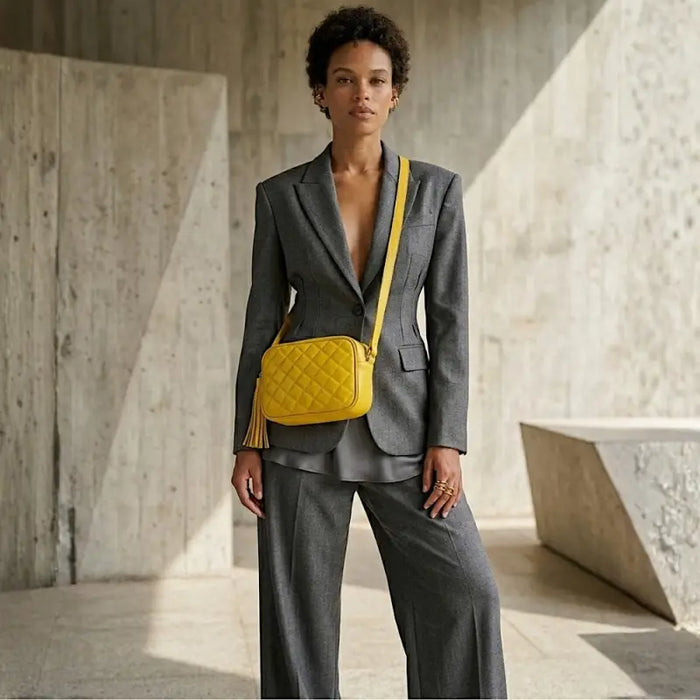 Look Feminino com Bolsa Tiracolo Amarelo Solar no Corpo Matelassê Xadrez e Alfaiataria Cinza