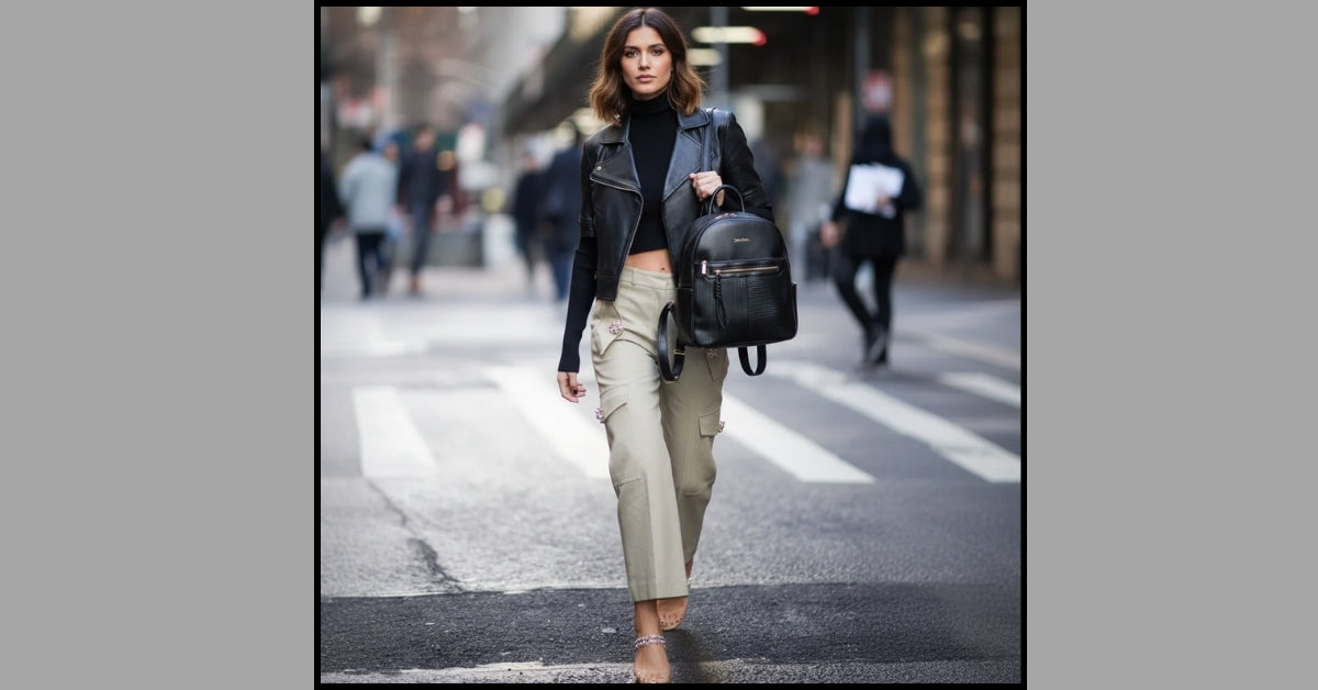 Look de mochila em couro vegano ITS! com calça cargo e jaqueta de couro
