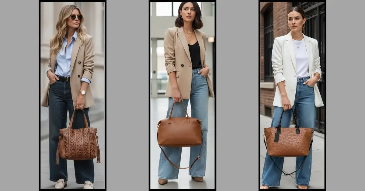Look jeans + blazer com bolsa de couro caramelo ITS!