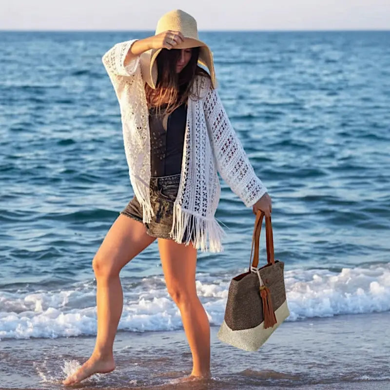 Bolsa shopper fibra listrada grande marrom