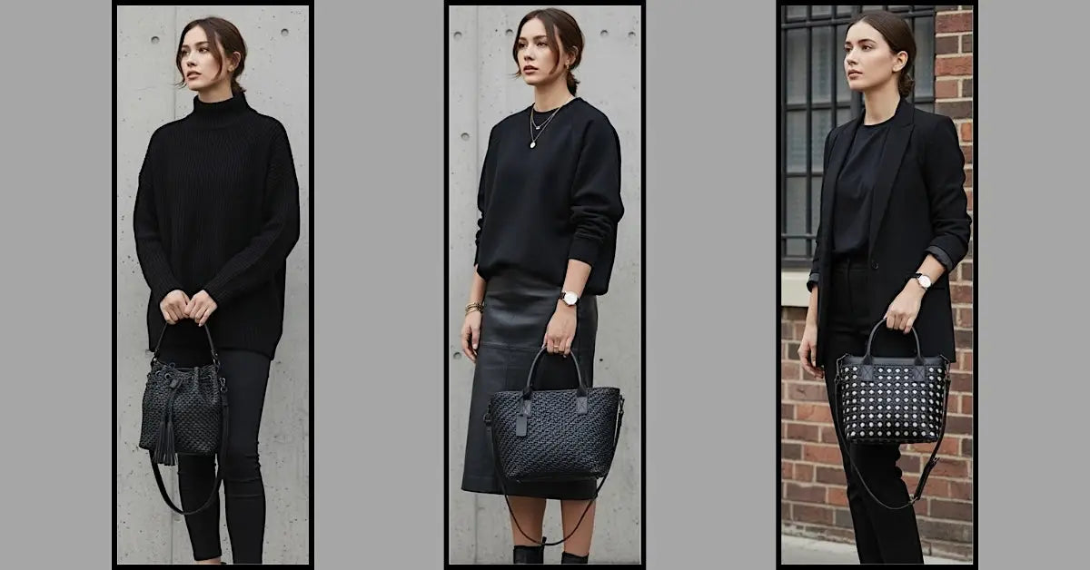 look total black com bolsa em couro preta ITS!