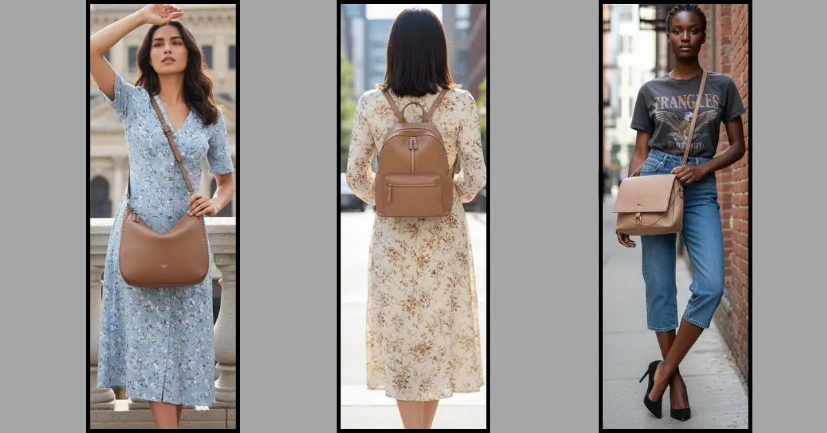 Look vestido leve e jeasn com camiseta com bolsa e mochila bege em couro vegano ITS!