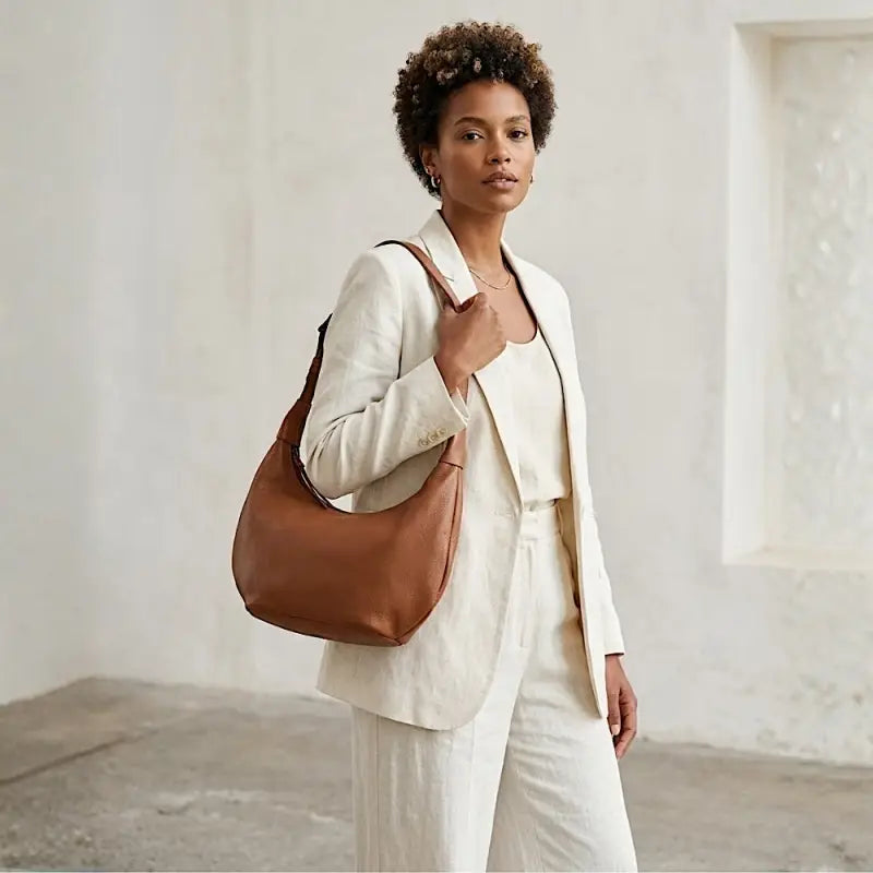 Look em Linho Tom Off-White com Bolsa Feminina de Ombro em Couro Caramelo