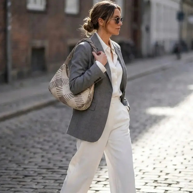 Bolsa hobo de couro trançado off-white e cinza