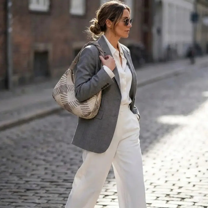 Bolsa hobo de couro trançado off-white e cinza