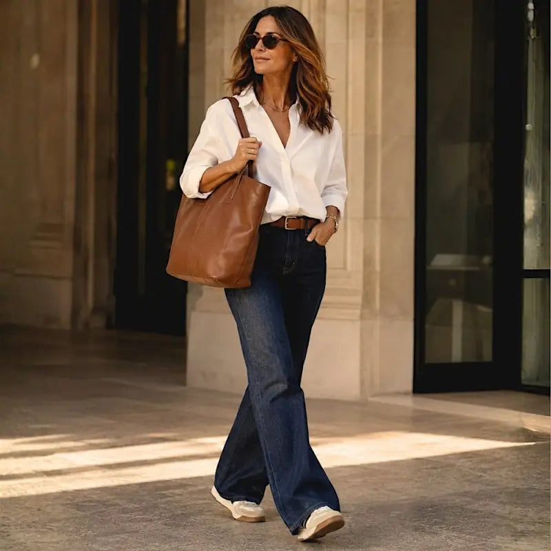 Mulher usando a bolsa de ombro grande caramelo, evidenciando o caimento leve e o vão de alça de 25cm.