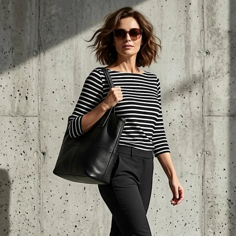 Mulher usando a bolsa de ombro grande preta, destacando o caimento elegante e o encaixe perfeito da alça de 3cm.