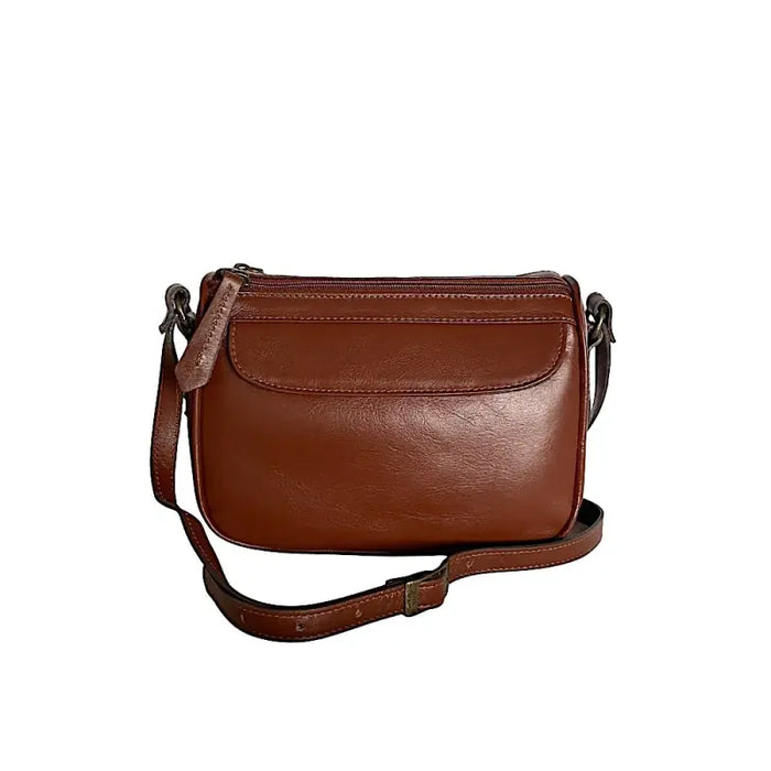 Visão Frontal da Bolsa transversal em couro legítimo soft whisky com divisorias