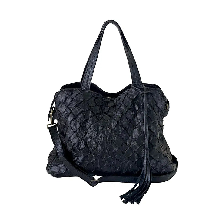 Bolsa com Divisões em Couro Pirarucu Preto - Vegana - Loja