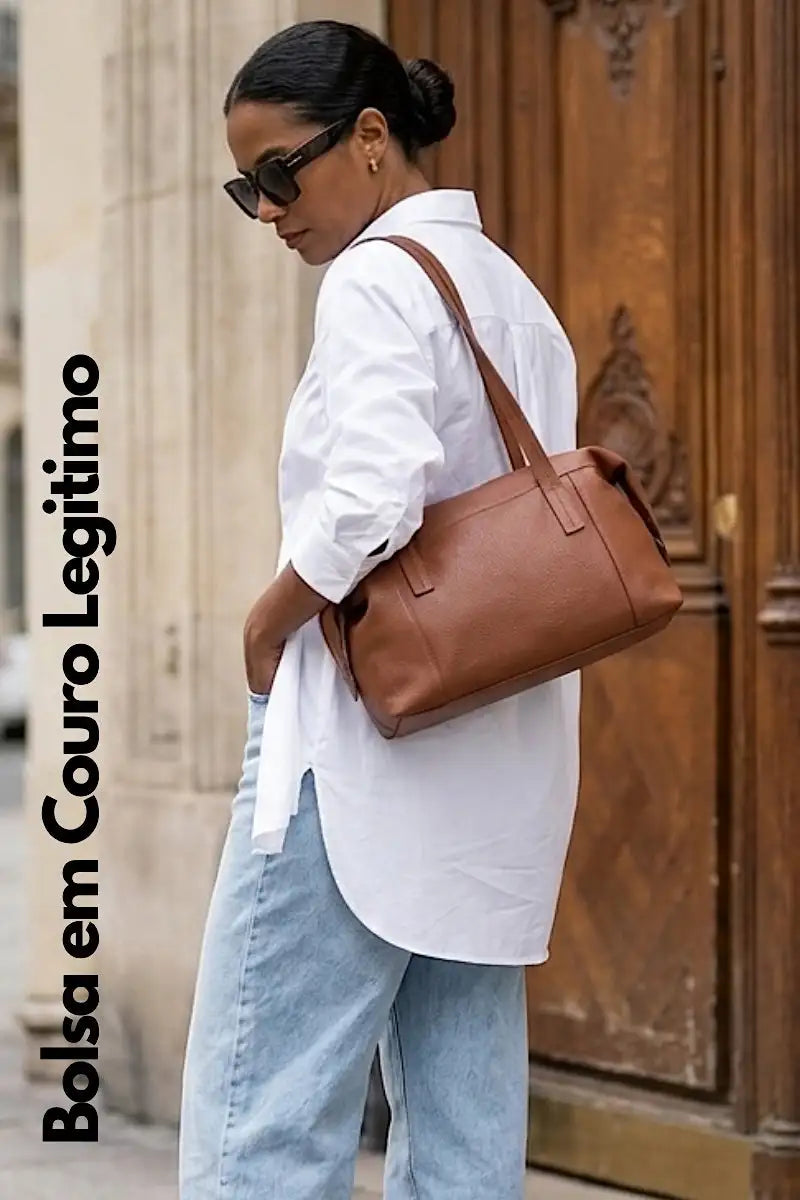 Mulher com calça baloon jeans e camisão branco com a bolsa em couro legitimo caramelo