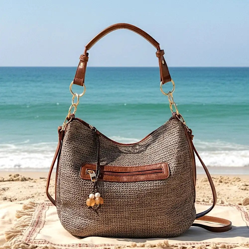 Bolsa hobo em fibra sintética marrom e couro vegano