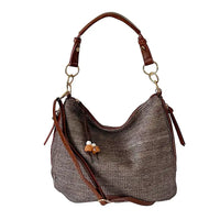 Bolsa Hobo em Fibra Sintética Marrom e Couro Vegano Caramelo