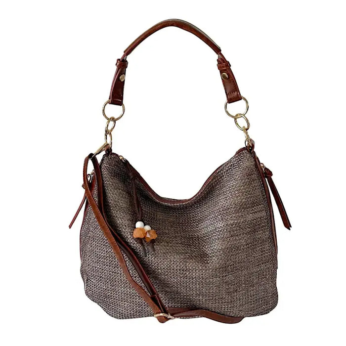 Bolsa Hobo em Fibra Sintética Marrom e Couro Vegano Caramelo