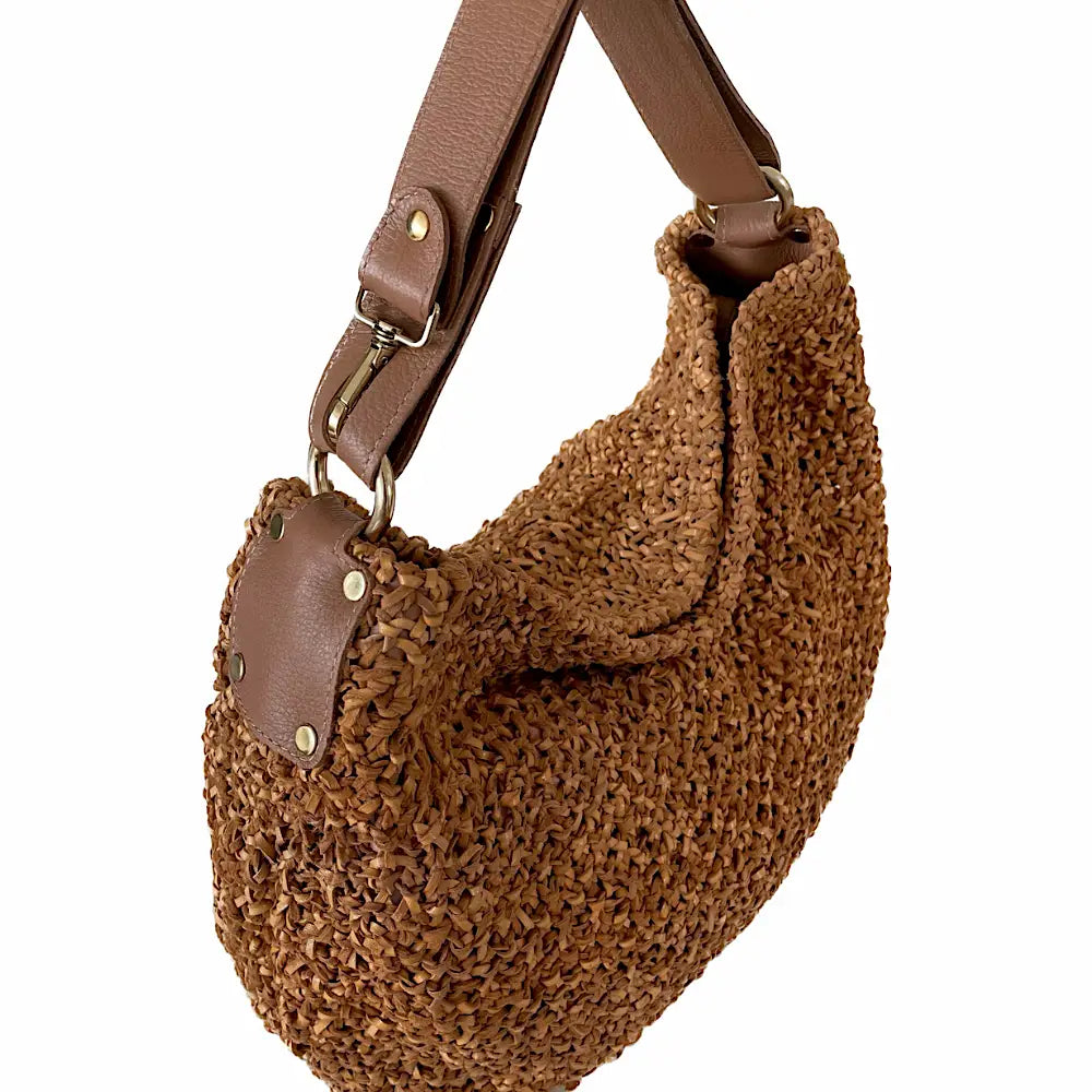 Bolsa Hobo Tricô Couro Alça Regulável Caramelo - Loja