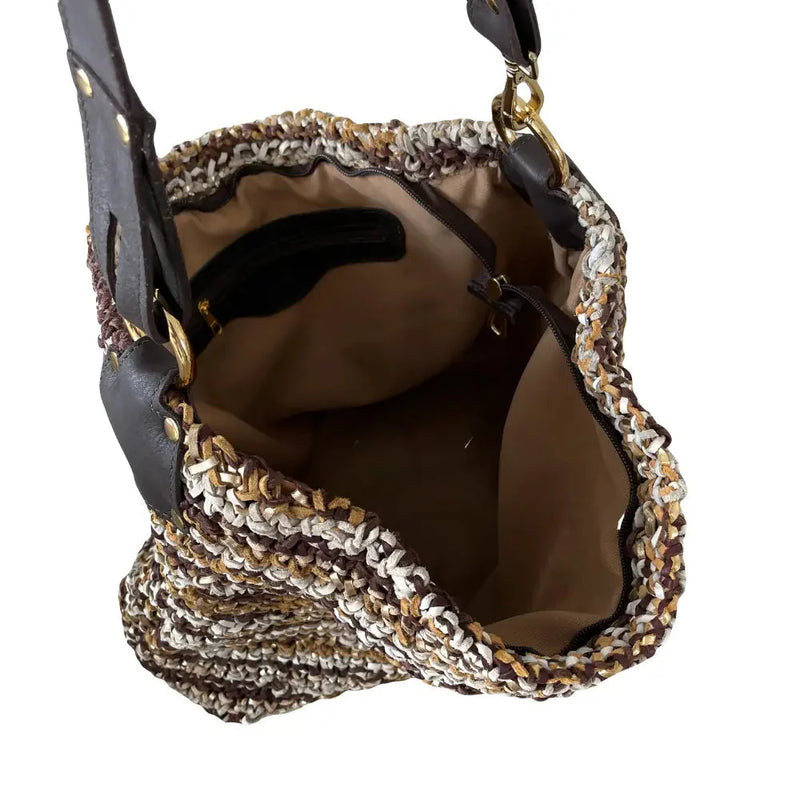Bolsa Hobo Tricô Couro Alça Regulável Marrom - Vegana