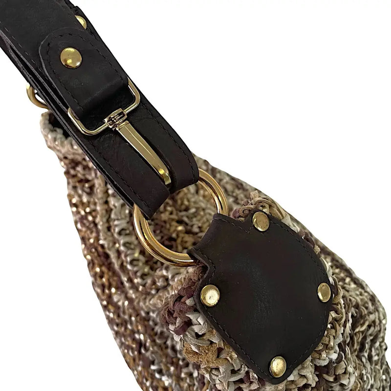 Bolsa Hobo Tricô Couro Alça Regulável Marrom - Vegana
