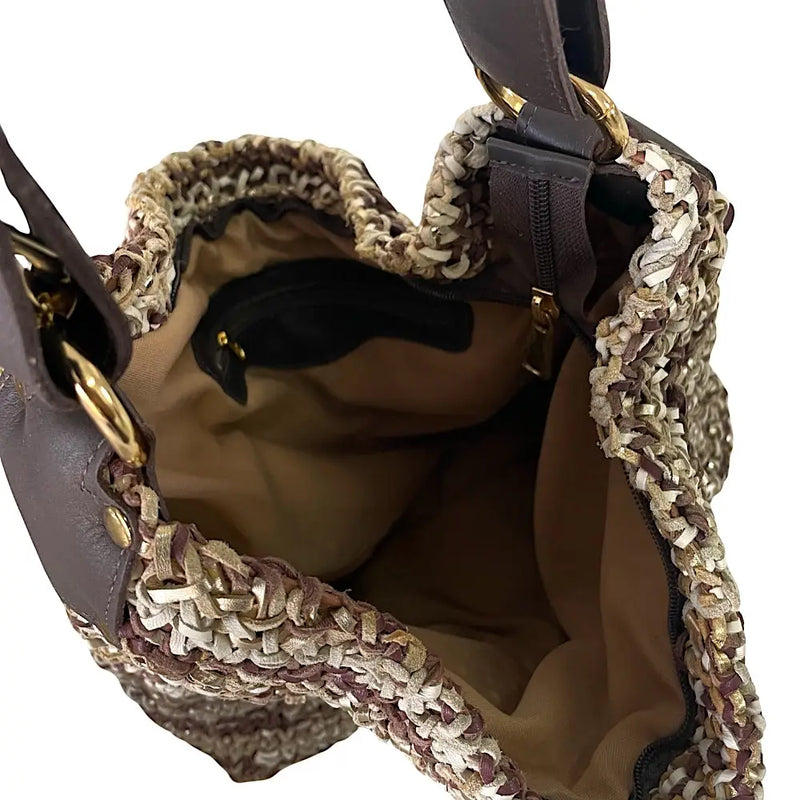 Bolsa Hobo Tricô Couro Alça Regulável Marrom - Vegana