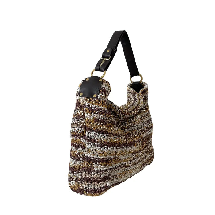 Bolsa Hobo Tricô Couro Alça Regulável Marrom - Vegana